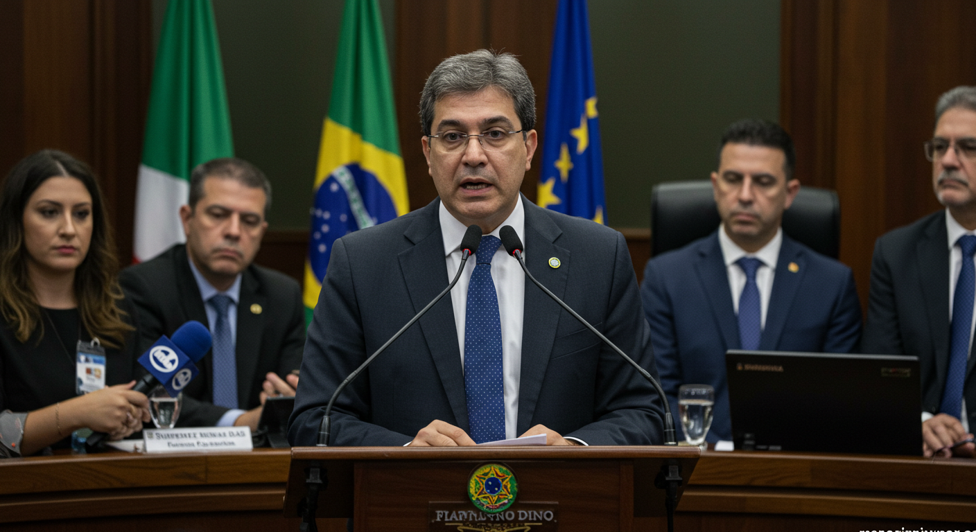 Fotografia hiper-realista de Flávio Dino discursando em uma conferência política, afirmando que a análise do STF ignora ordens internacionais. A imagem transmite a intensidade política e jurídica do momento. Marca d’água 'poupareinvestir.com' incluída discretamente no canto inferior direito