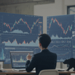 Ilustração profissional mostrando investidores analisando gráficos e dados da bolsa de valores em telas digitais. Inclui gráficos de candlestick, indicadores financeiros, computador portátil e ambiente de escritório moderno, transmitindo foco, estratégia e tomada de decisão no mercado de ações. Marca d’água 'trends-us.com' incluída no canto inferior direito