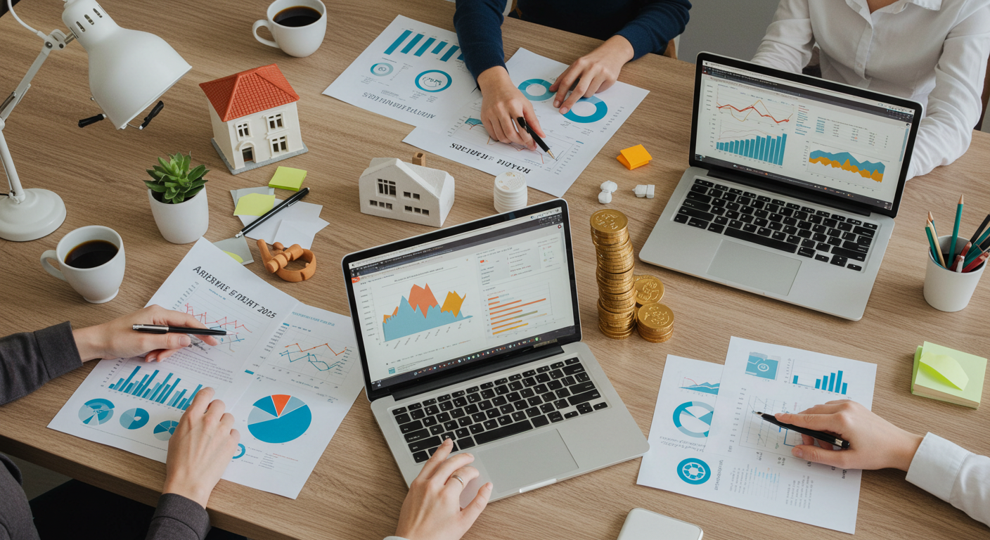 Imagem realista de um guia de investimento para o 2º semestre de 2025, mostrando diferentes classes de ativos e perfis financeiros, com pessoas discutindo estratégias. Marca d'água 'pareinvestir.com' no canto inferior direito.
