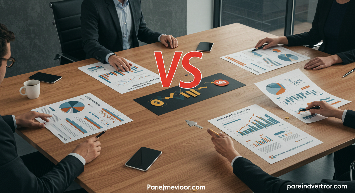 Imagem realista comparando renda fixa e renda variável em 2025, com gráficos, investidores discutindo e ícones de investimentos. Marca d'água 'pareinvestir.com' no canto inferior direito.