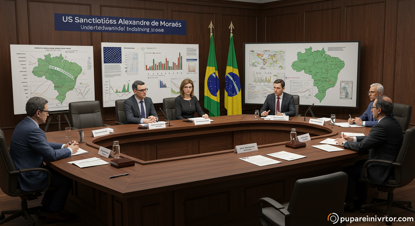Imagem de uma conferência sobre o papel de Alexandre de Moraes nas sanções internacionais, com um especialista apresentando gráficos e mapas. Marca d'água 'poupareinvestir.com' no canto inferior direito.