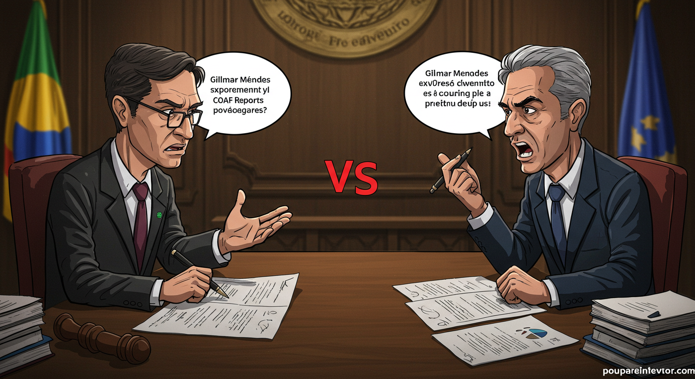 Imagem de um debate jurídico entre Gilmar Mendes e Alexandre de Moraes sobre relatórios do Coaf, com documentos e gráficos presentes. Marca d'água 'poupareinvestir.com' no canto inferior direito.