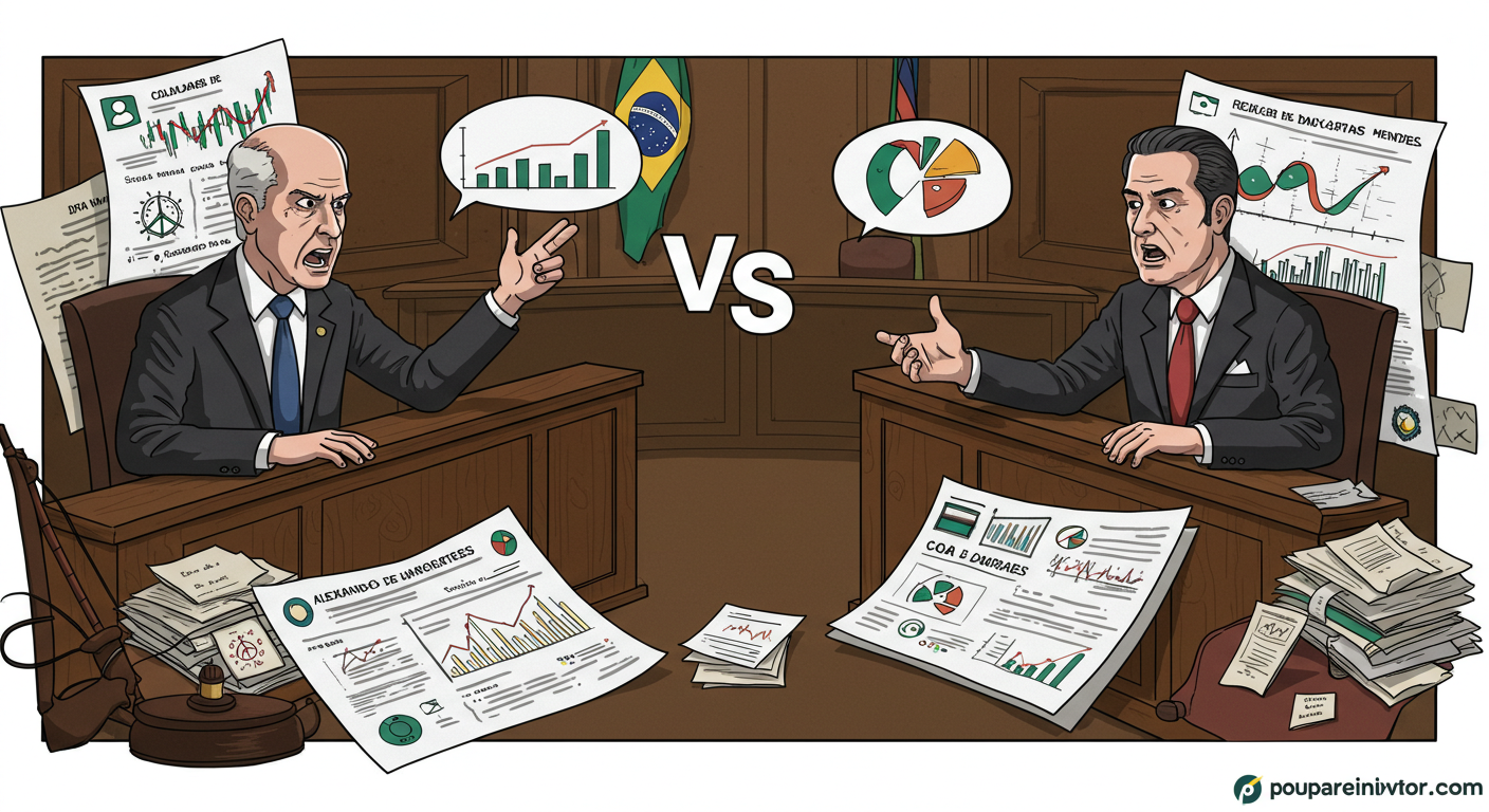 Imagem de uma conferência sobre o impacto da decisão de Gilmar Mendes no repasse de dados do Coaf, com especialistas discutindo gráficos e infográficos. Marca d'água 'poupareinvestir.com' no canto inferior direito.