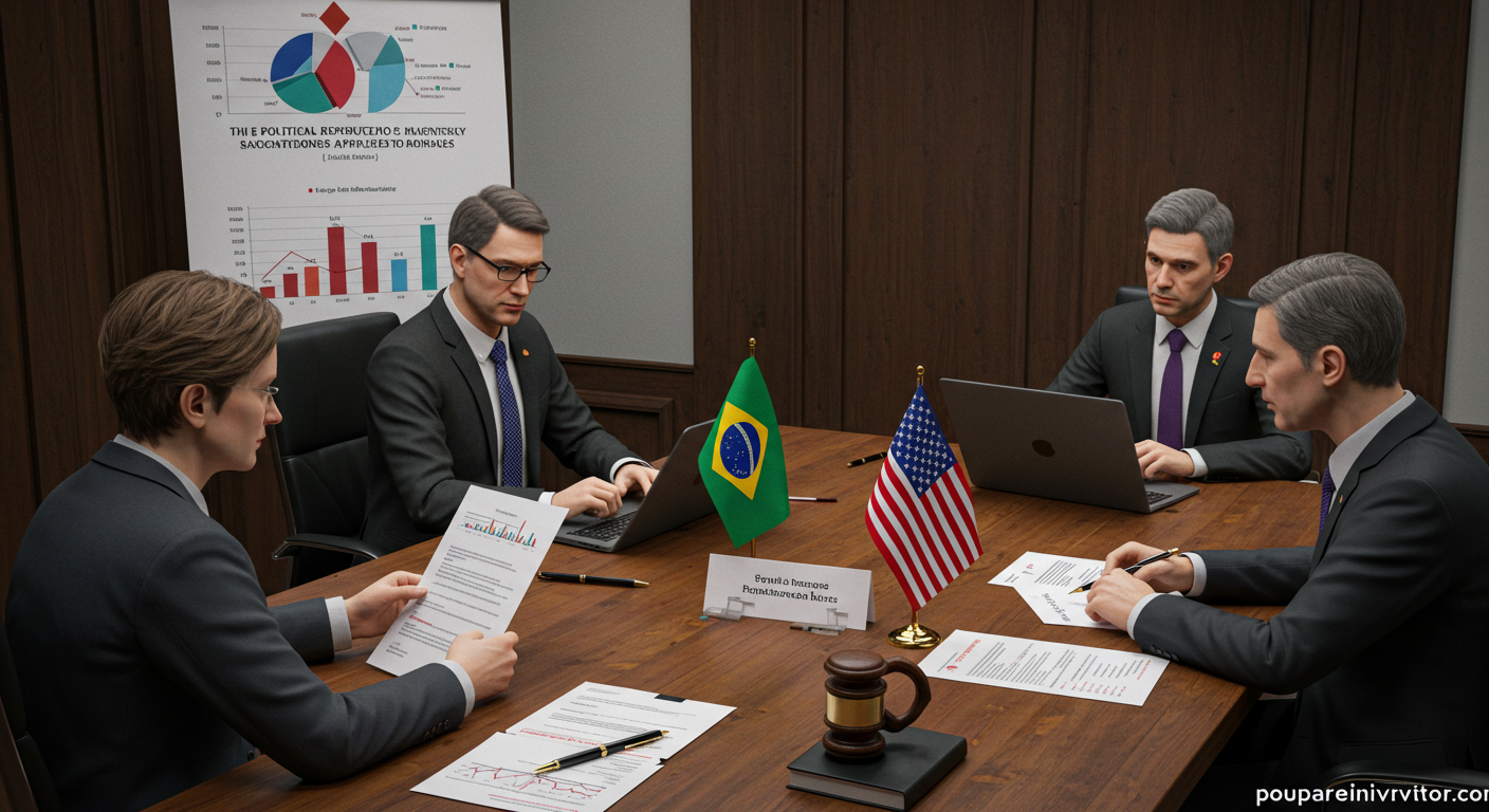 Imagem de uma reunião política sobre as sanções Magnitsky aplicadas a Moraes, com analistas discutindo gráficos e documentos. Marca d'água 'poupareinvestir.com' no canto inferior direito.