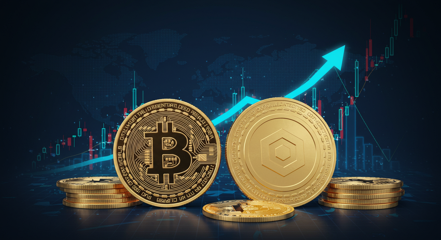 Gráfico ilustrativo com duas criptomoedas em ascensão, representando o aumento de preços.