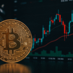 Gráfico do Bitcoin mostrando um ponto decisivo em US$ 110 mil, simbolizando a incerteza do mercado.
