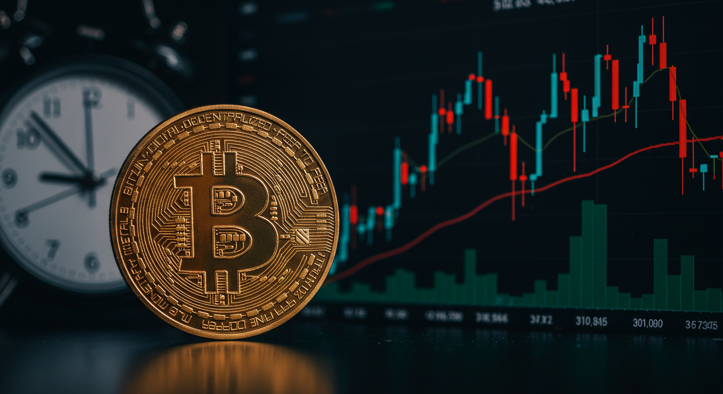 Gráfico do Bitcoin mostrando um ponto decisivo em US$ 110 mil, simbolizando a incerteza do mercado.