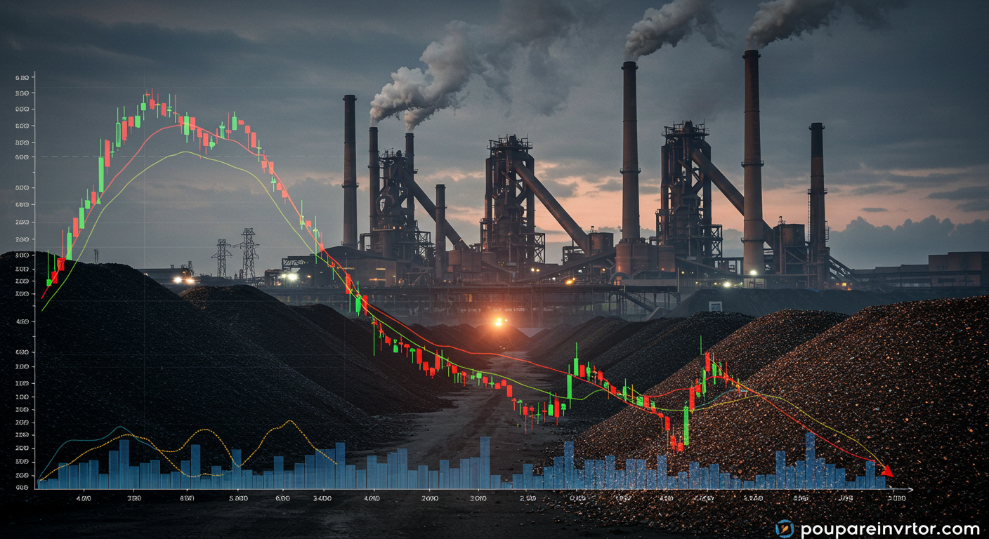 Ilustração mostrando minério de ferro e siderúrgicas chinesas, com gráficos financeiros indicando queda nos preços devido ao aumento da produção de aço na China. A imagem transmite análise de mercado, impacto na indústria e movimentação econômica. Marca d’água 'poupareinvestir.com' incluída discretamente no canto inferior direito